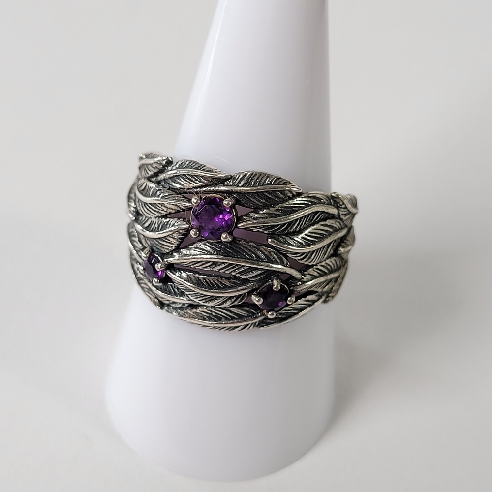 Paz Creations Ring Sterling Silver Amethyst Israel 925 Leaf Band Sz 10 6.4g